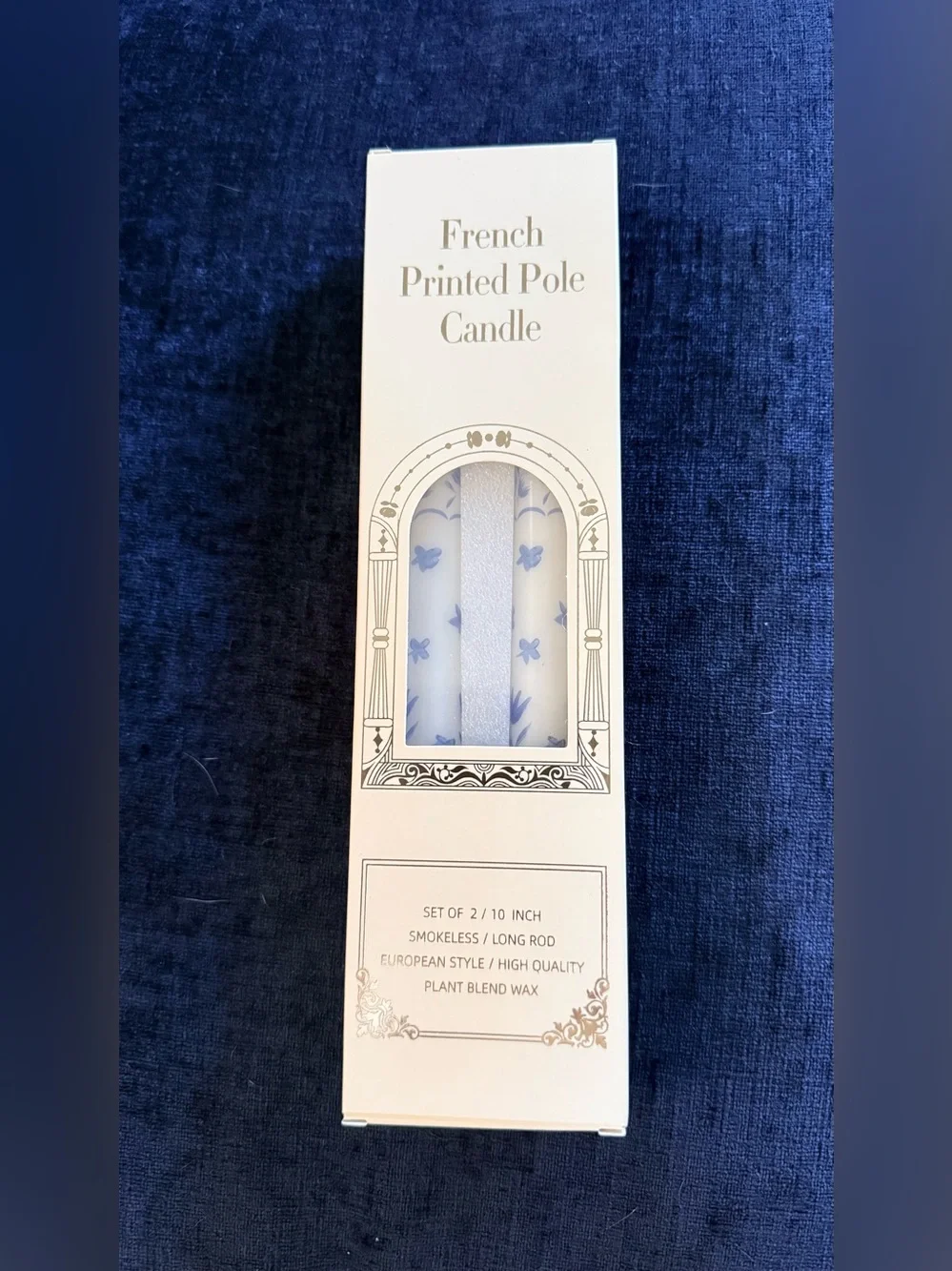 French Printed Pole Candle Set - Blue Floral Design. #4